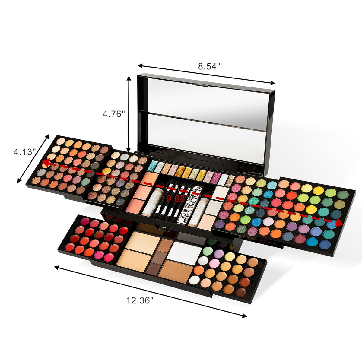 MISS ROSE M open palette with full-size mirror illustrating on-the-go application convenience
