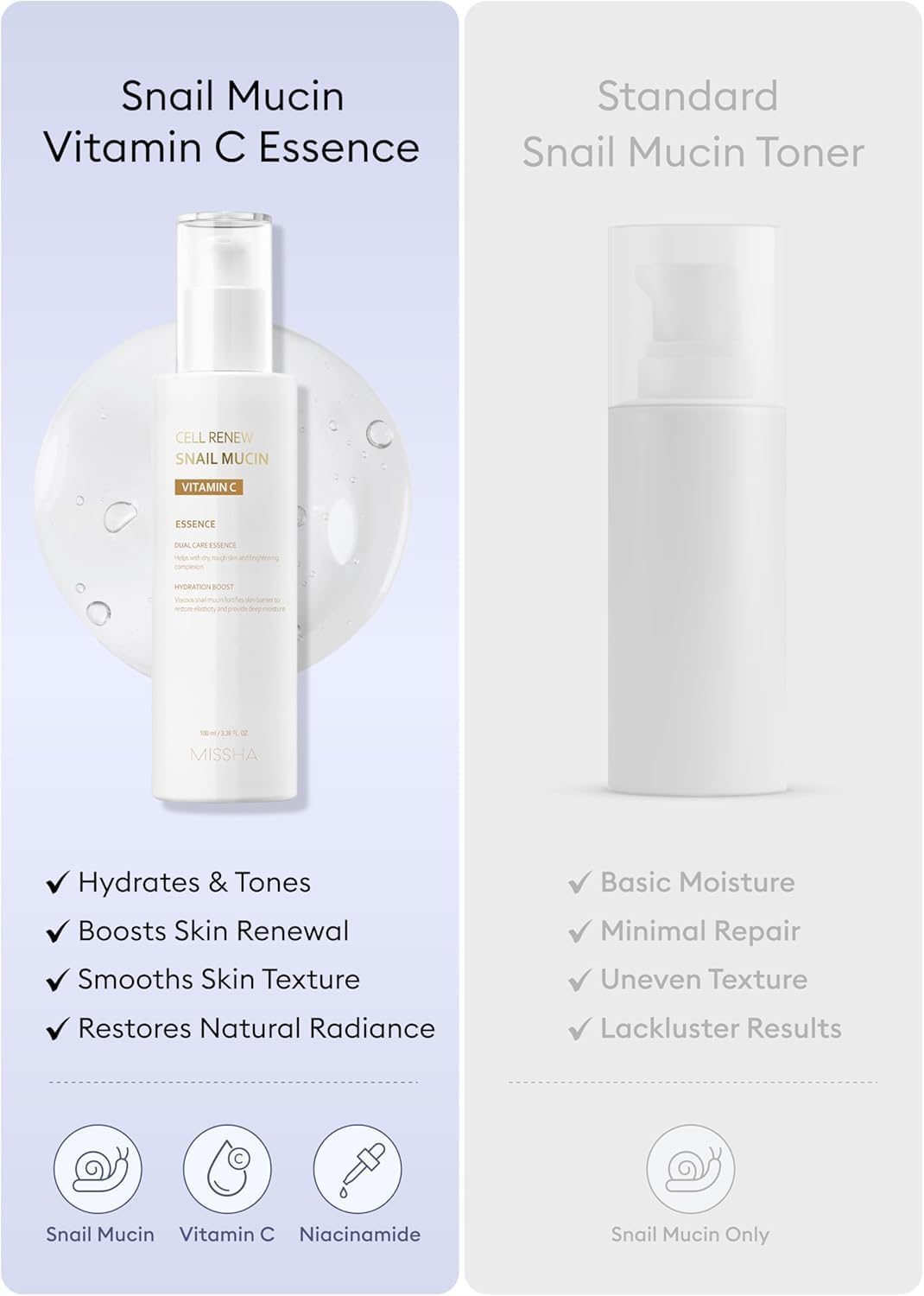 MISSHA label close-up showing key ingredients like snail mucin and Vitamin C