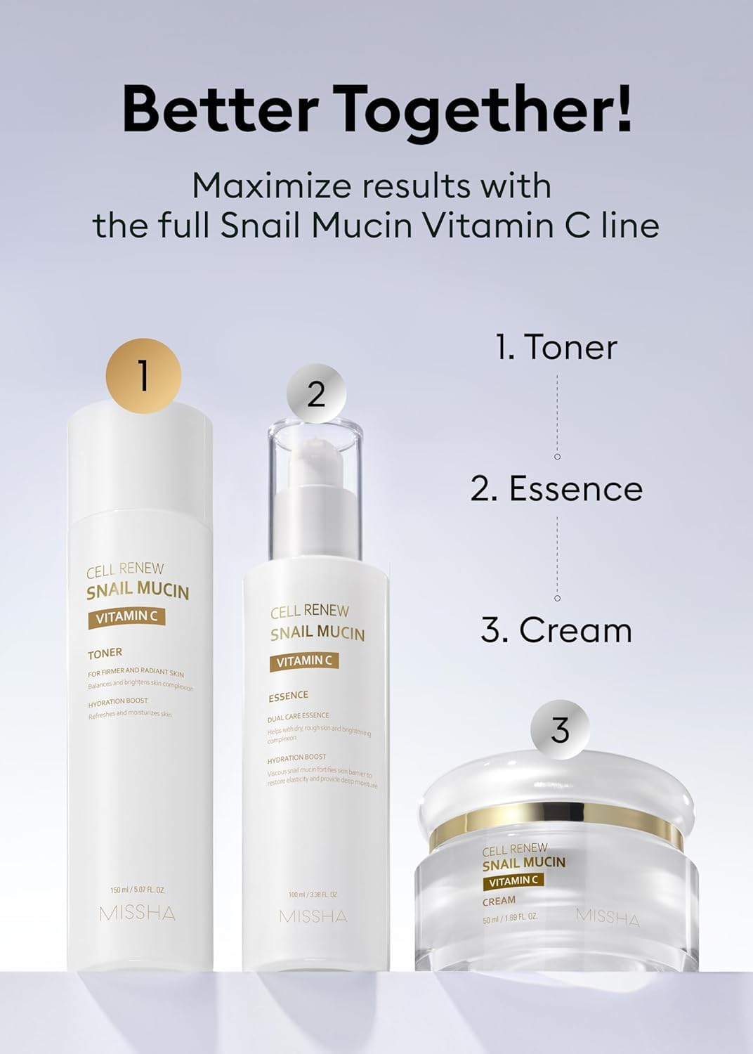 MISSHA toner placed beside serum and moisturizer, indicates regimen compatibility