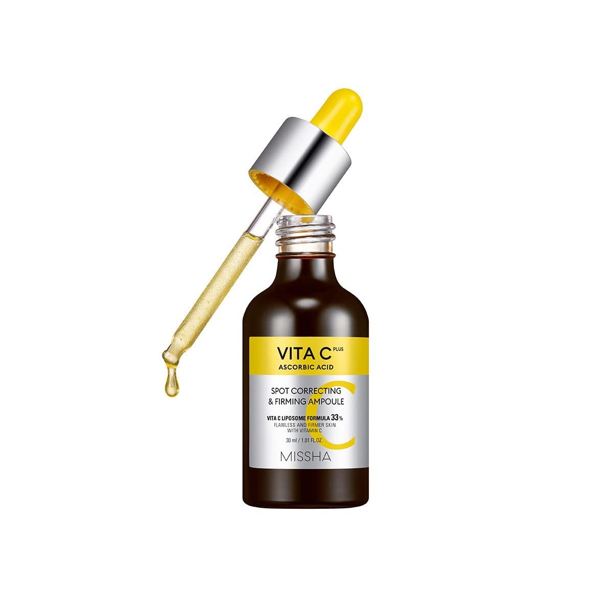 MISSHA front packaging of Vita C ampoule showing bottle and label for clear product ID and trust