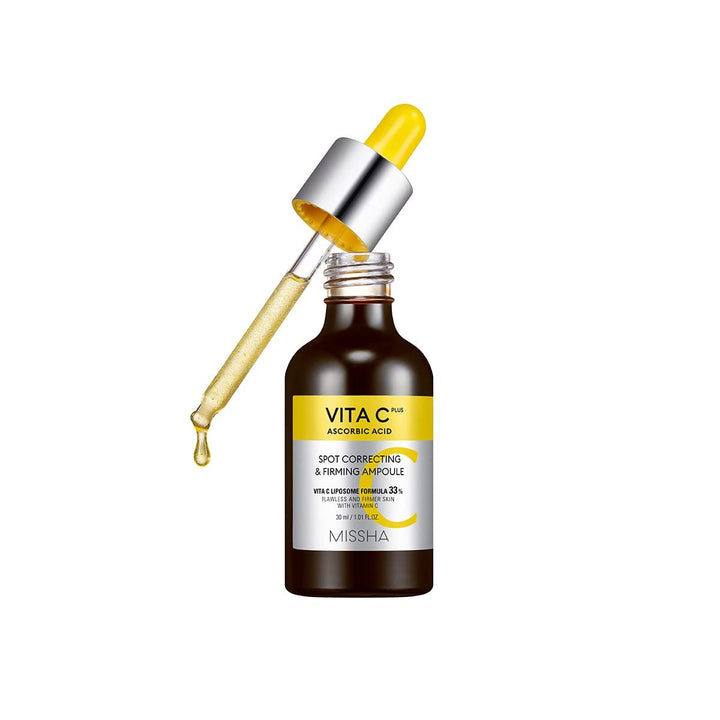 MISSHA front packaging of Vita C ampoule showing bottle and label for clear product ID and trust