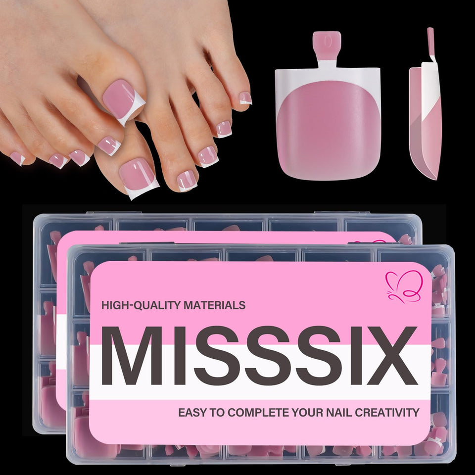 Misssix front package showing 300-piece French tip toe nails for quick pedicures