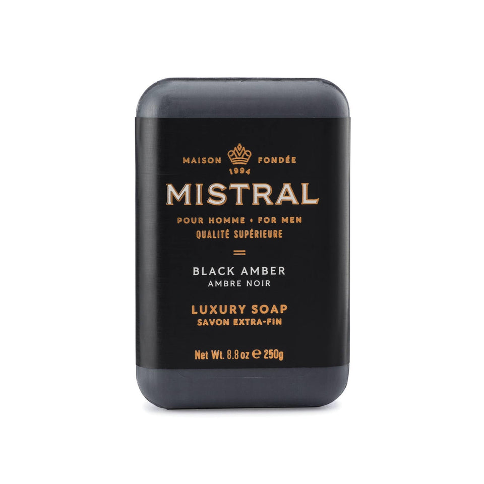 Mistral front packaging showing elegant black amber branding and benefit