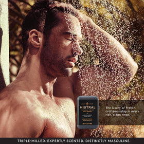 Mistral bar on bathroom shelf styled to show premium grooming atmosphere