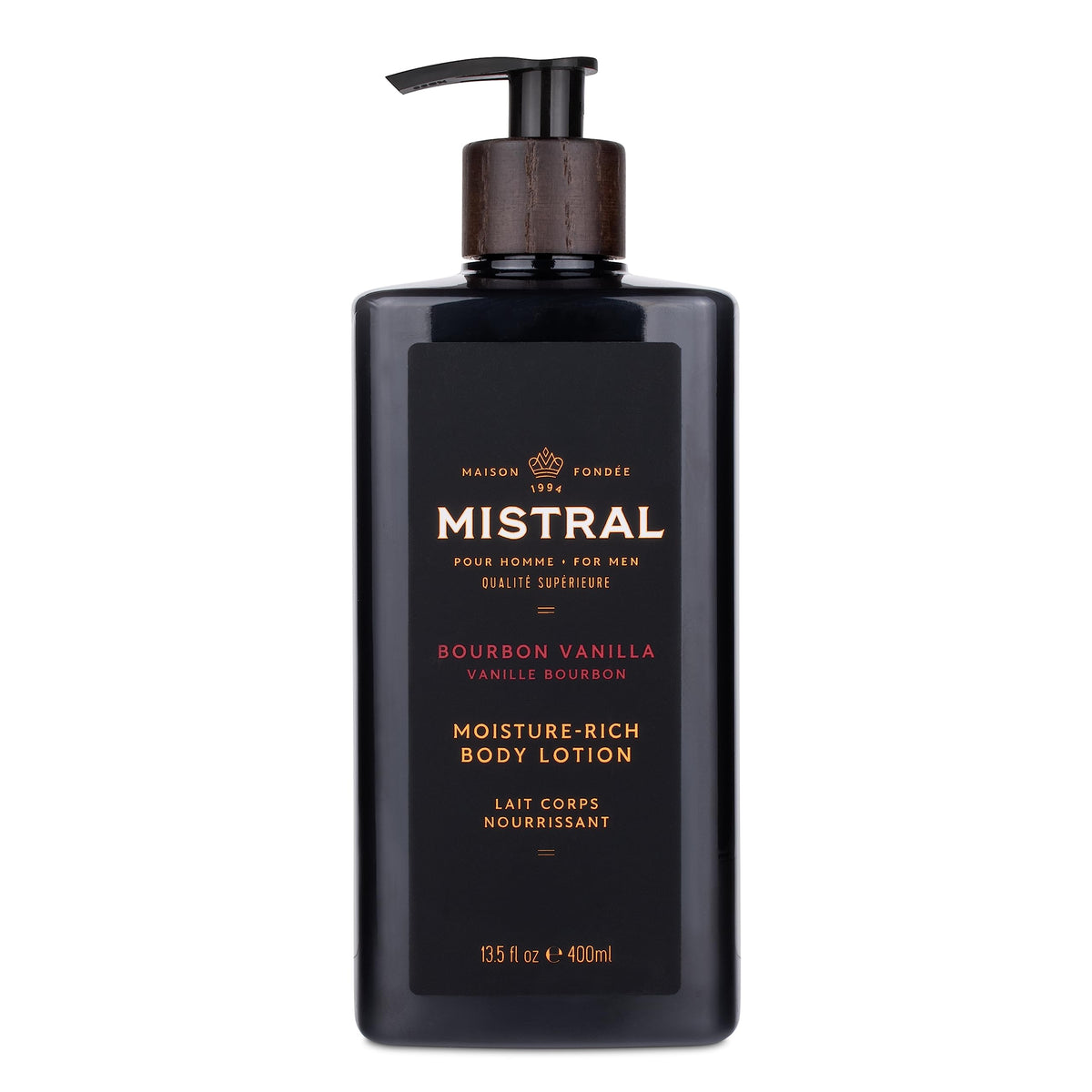 Mistral bottle front view showing bourbon vanilla label and premium packaging benefit