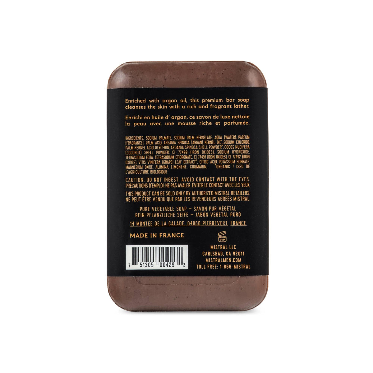 Mistral bourbon vanilla bar side texture highlighting triple-milled density for longevity