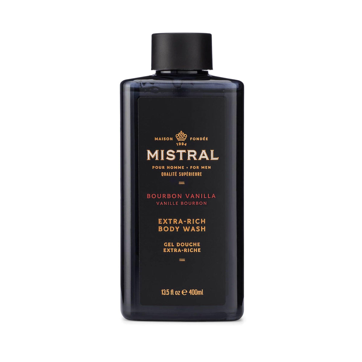 Mistral front bottle showing bourbon vanilla scent and premium packaging