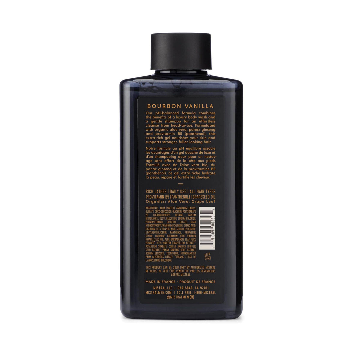 Mistral label close-up emphasizing natural ingredients and benefits