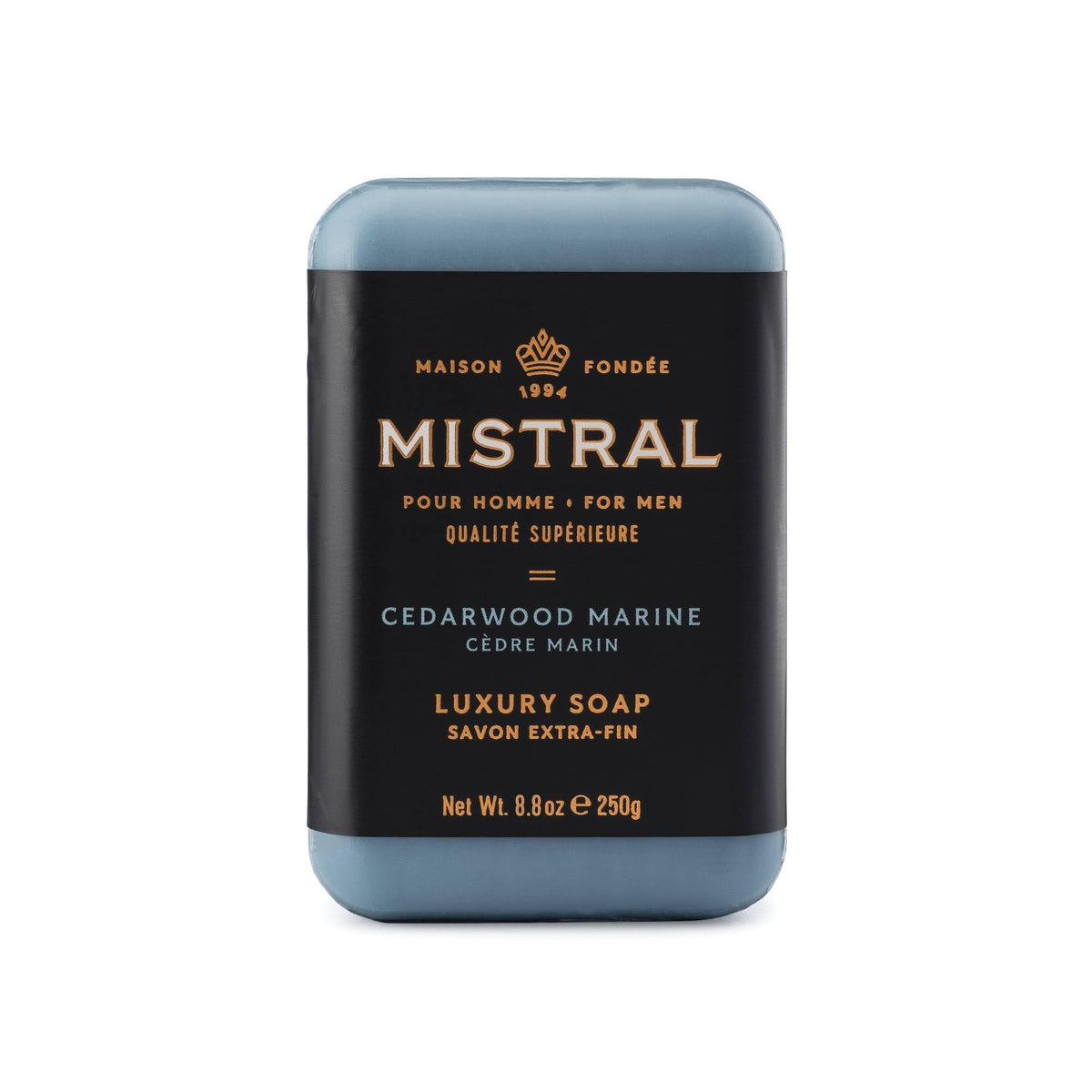 Mistral front packaging showing large 8.8 oz bar and cedarwood-marine scent benefit