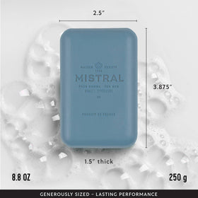 Mistral rich lather in hand demonstrating moisturizing cleanse benefit