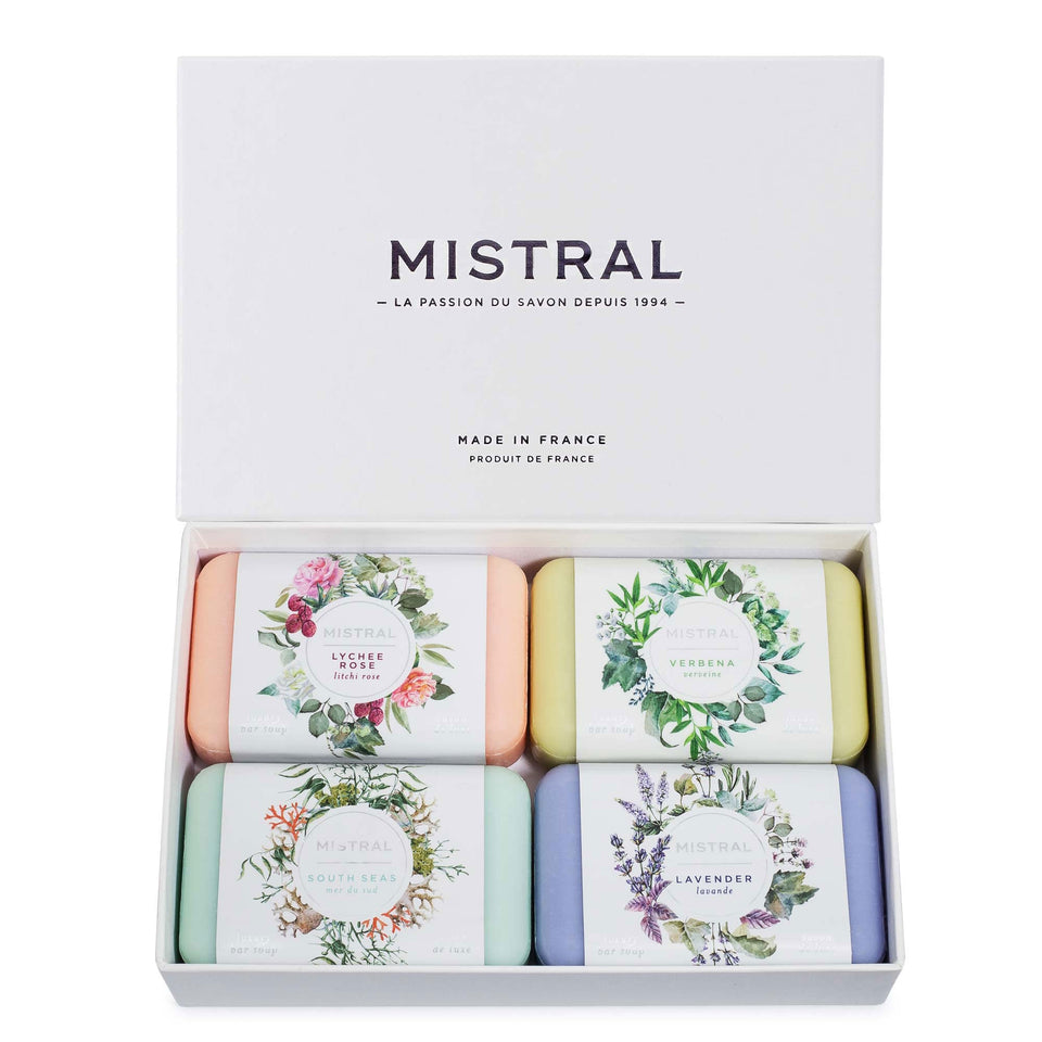 Mistral front packaging showing four assorted triple-milled bars, luxurious lasting lather