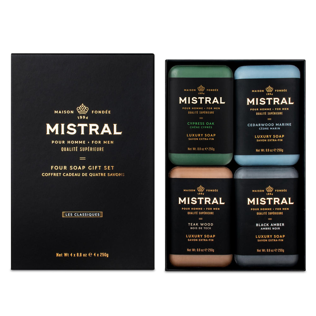 Mistral gift set front packaging showing four triple-milled bars and elegant box, perfect for gifting