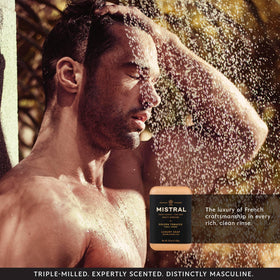 Mistral Golden Tobacco lifestyle bathroom display evoking refined grooming ritual