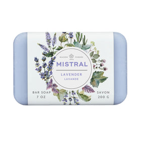 Mistral front packaging showing lavender bar and elegant label enhancing shelf appeal