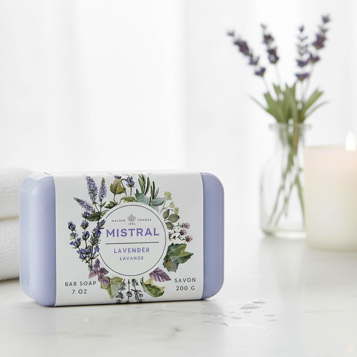 Mistral label close-up listing shea butter and olive oil benefits