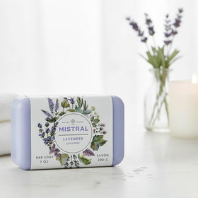 Mistral label close-up listing shea butter and olive oil benefits