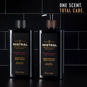 Mistral bottle on bathroom shelf conveying luxury grooming and daily use