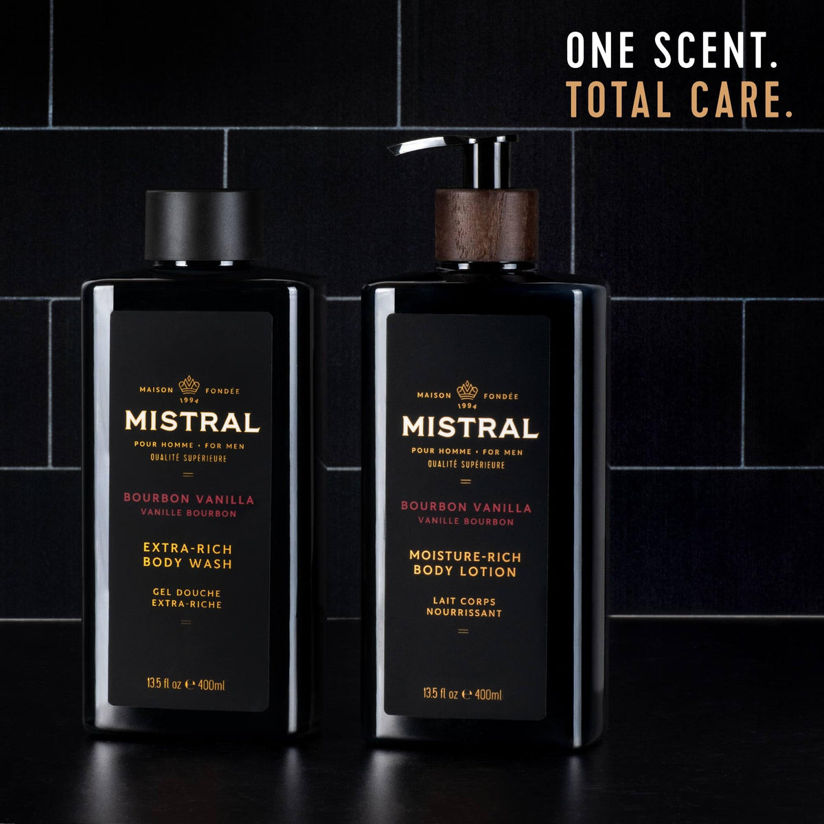 Mistral bottle styled on wooden shelf suggesting refined grooming and bathroom decor