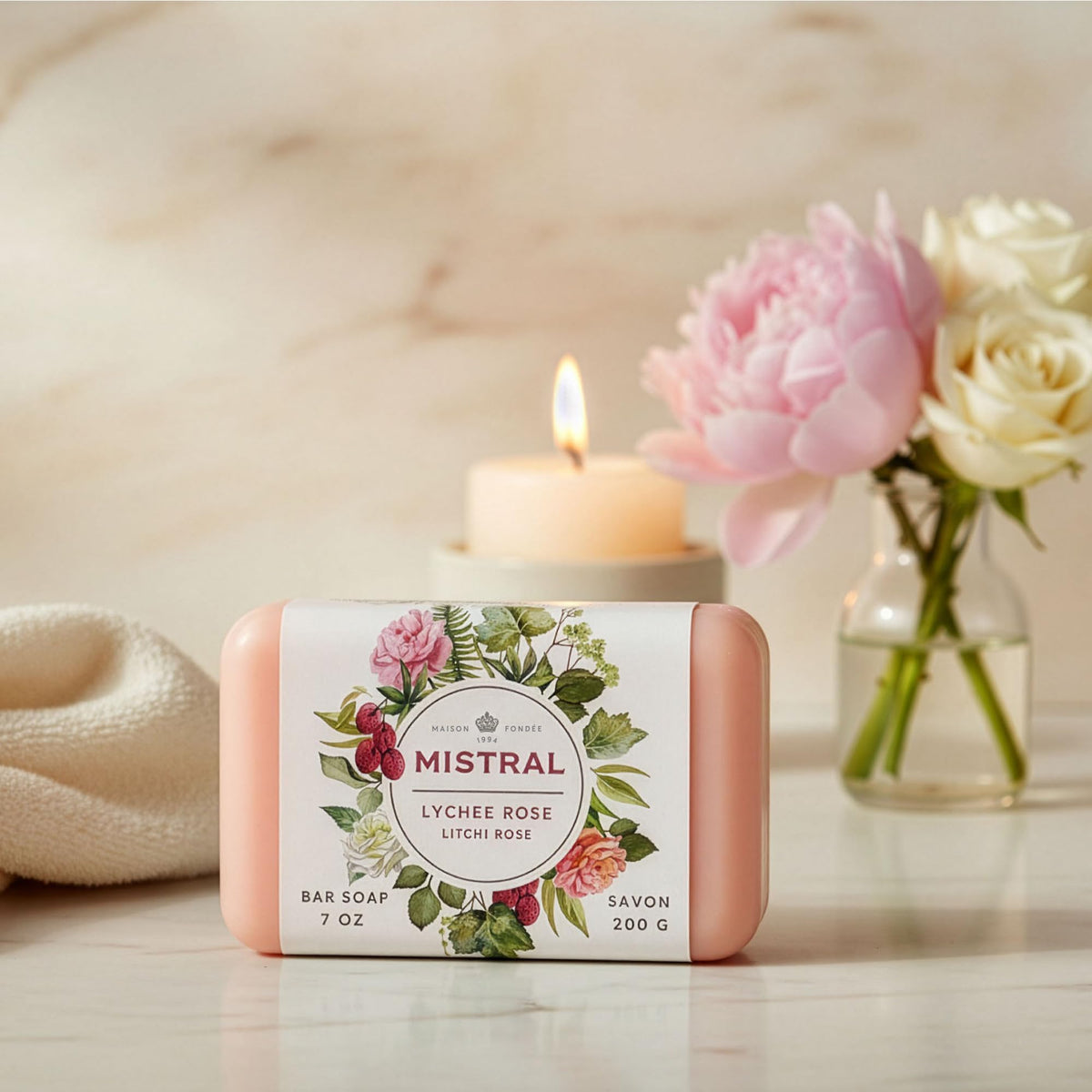 Mistral soap beside ruler showing 7 oz size and ingredient label