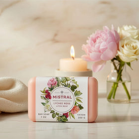 Mistral soap beside ruler showing 7 oz size and ingredient label