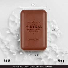 Mistral Mahogany Rum bar held in hand to show size and scale, demonstrates generous 8.8 oz weight