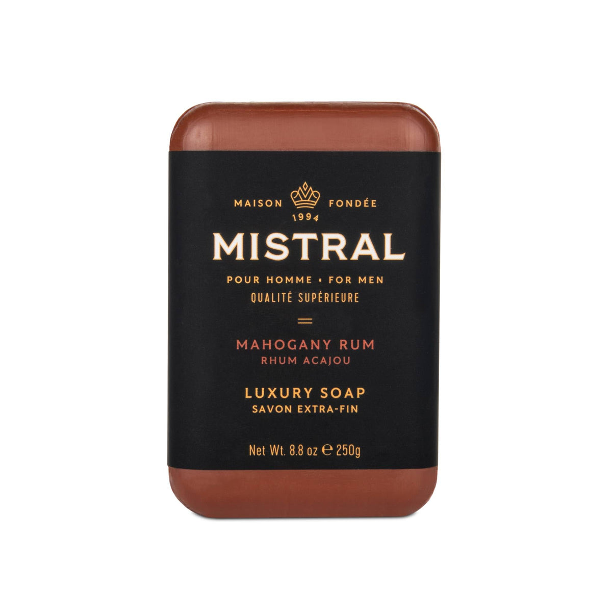 Mistral Mahogany Rum front packaging showing large 8.8 oz bar and label, conveys premium quality
