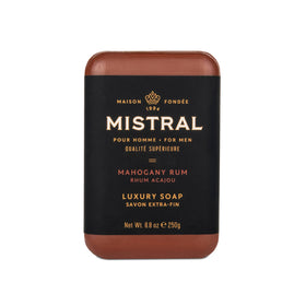 Mistral Mahogany Rum front packaging showing large 8.8 oz bar and label, conveys premium quality