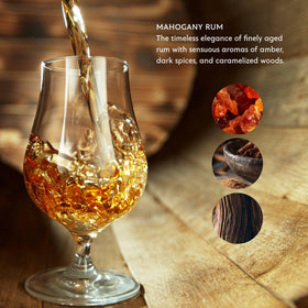 Mistral Mahogany Rum ingredients display with argan and grapeseed bottles, emphasizes natural moisturizing oils