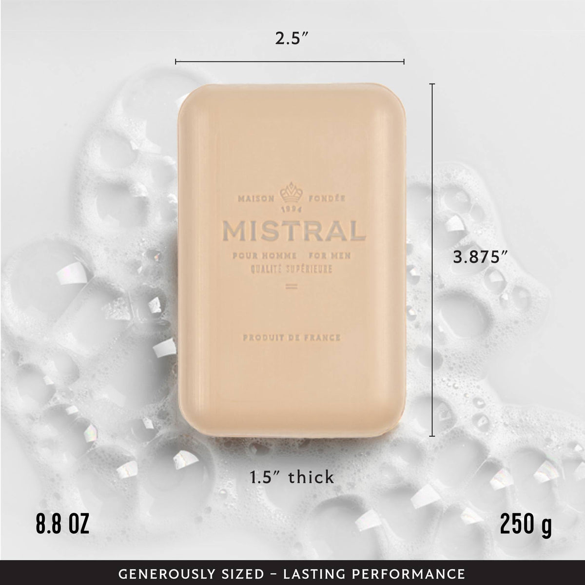 Mistral soap texture close-up showing dense triple-milled surface, indicates longevity