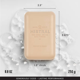 Mistral soap texture close-up showing dense triple-milled surface, indicates longevity