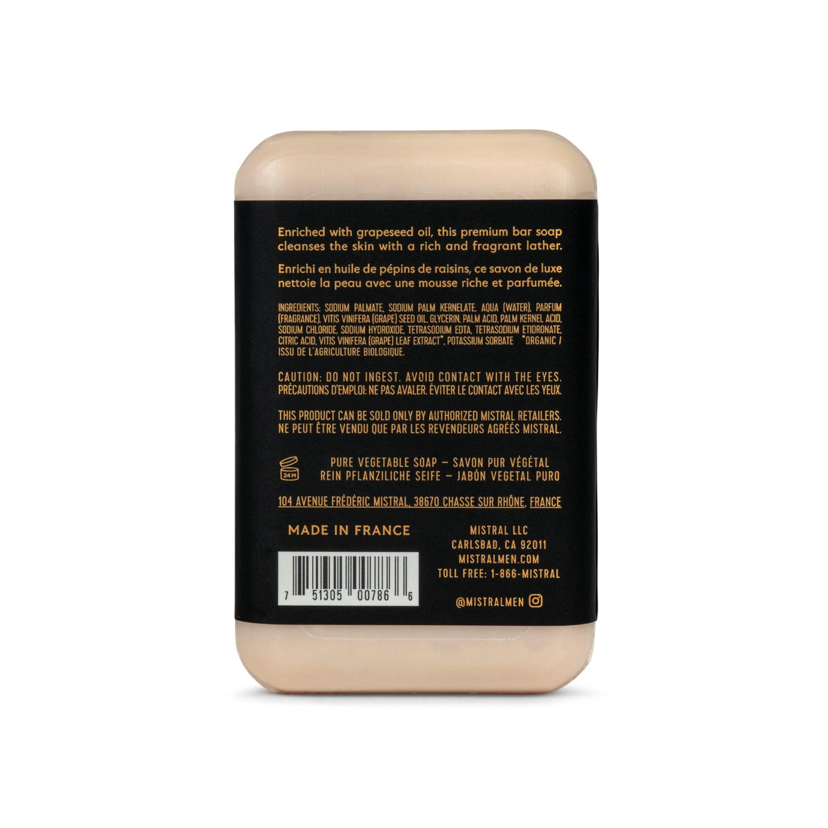 Mistral label close-up highlighting ingredients and made in France, assures provenance