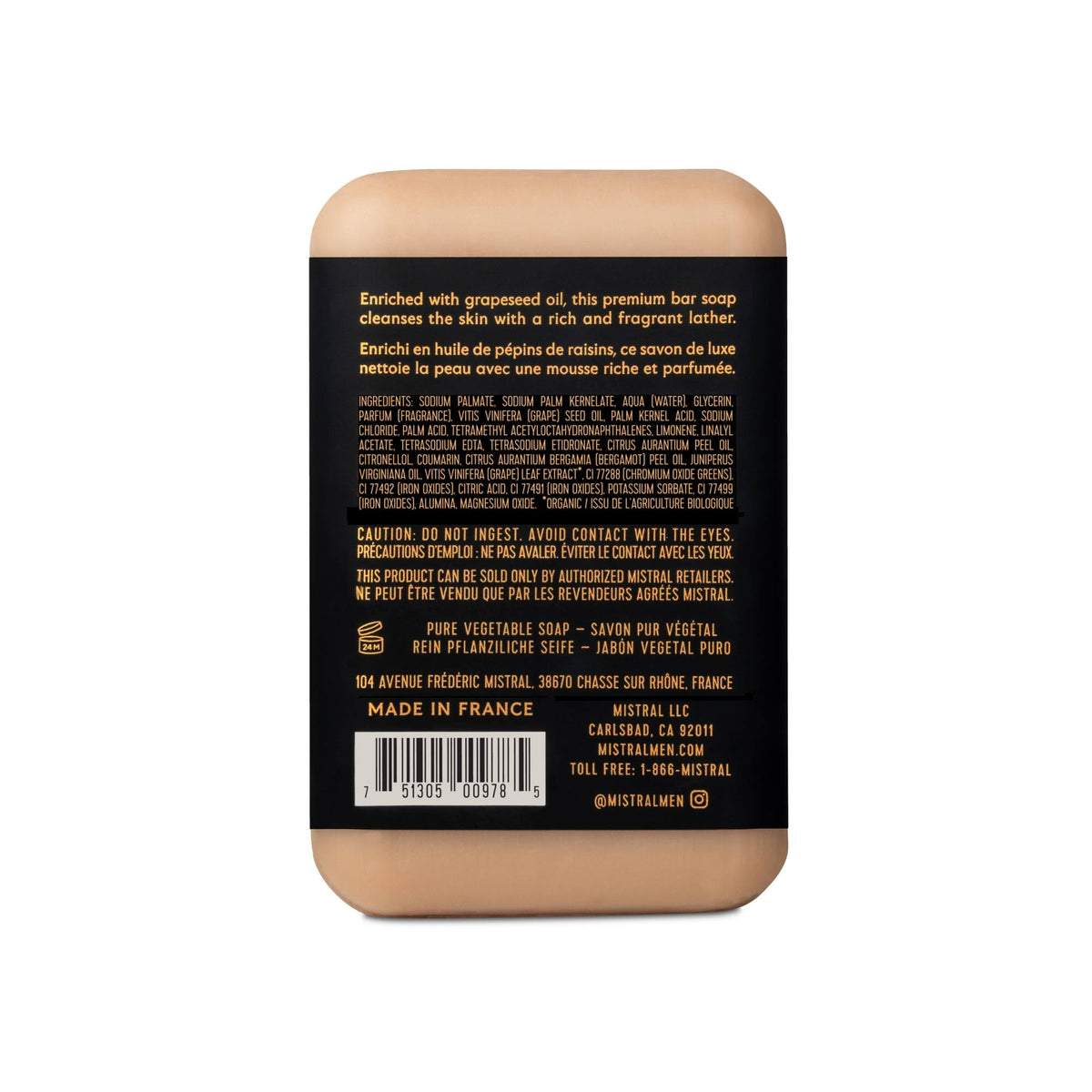 Mistral bar close-up revealing smooth triple-milled texture for richer lather