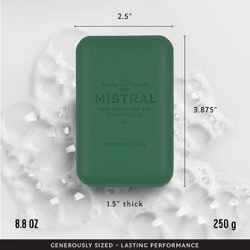 Mistral soap in hand for scale, demonstrates generous 8.8 oz size and grip