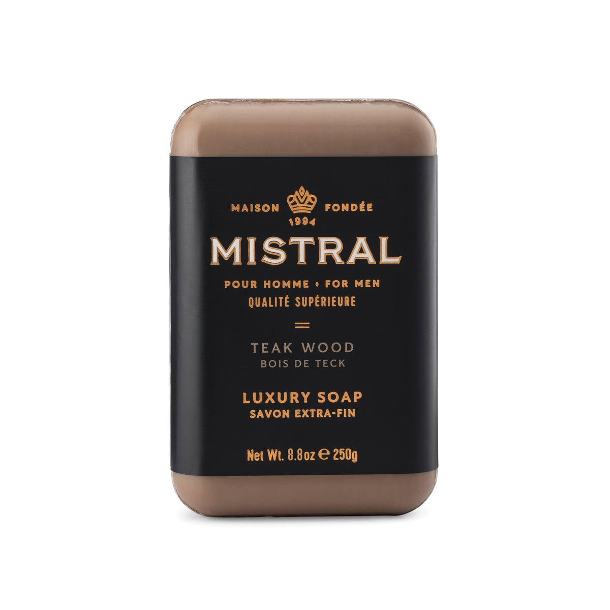 Mistral front packaging showing teak wood scent and benefits