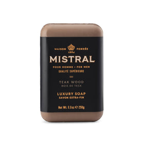 Mistral front packaging showing teak wood scent and benefits