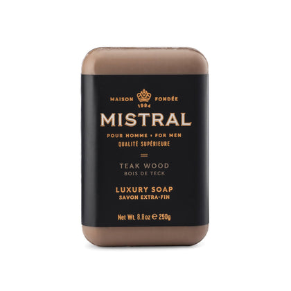 Mistral front packaging showing teak wood scent and benefits
