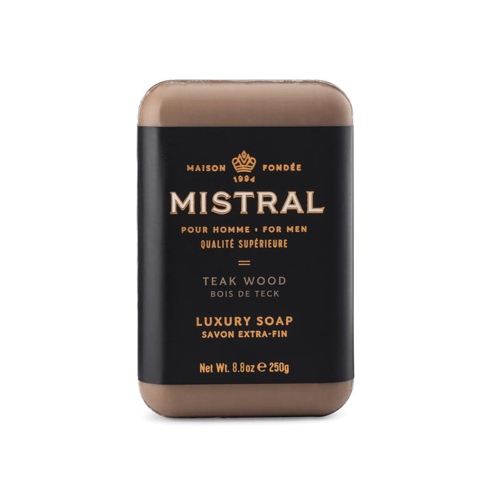 Mistral front packaging showing teak wood scent and benefits