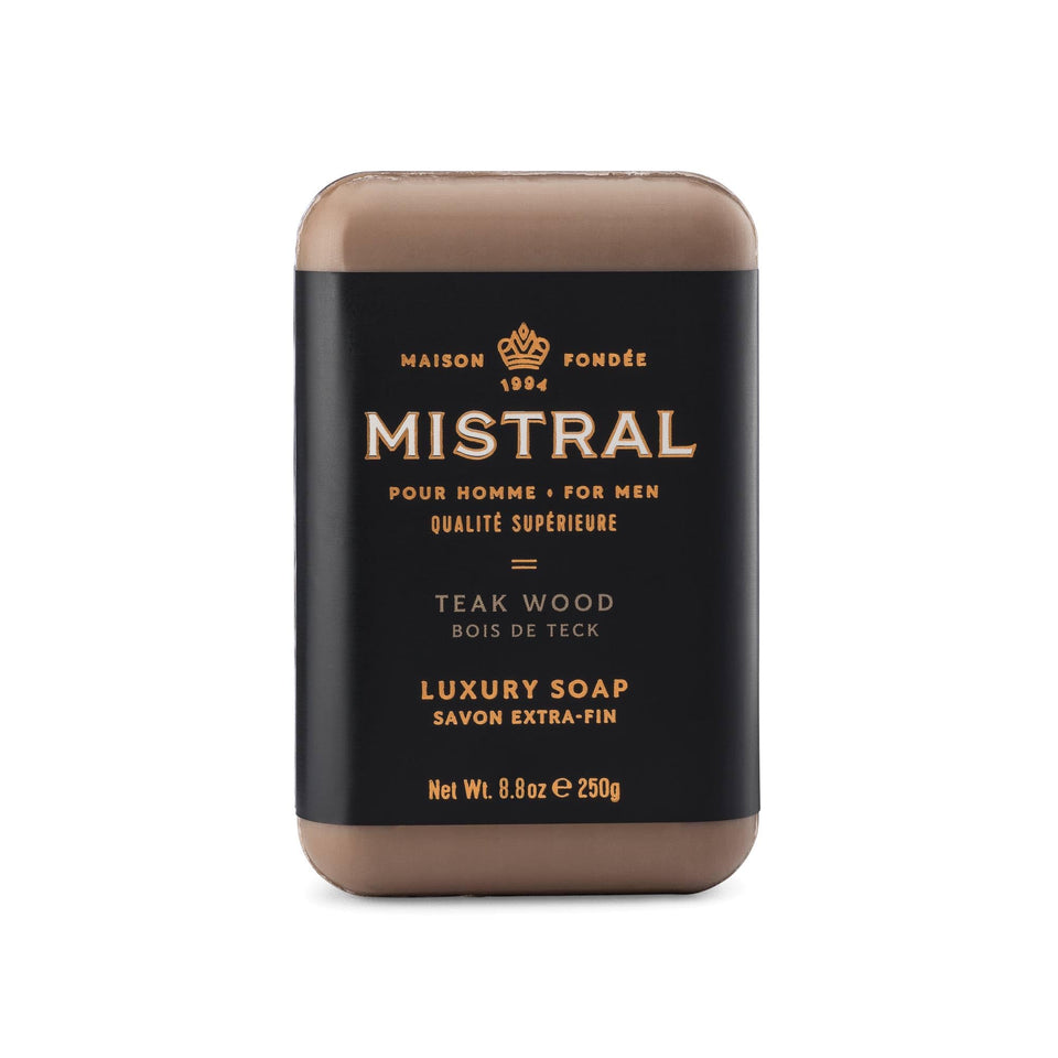 Mistral front packaging showing teak wood scent and benefits