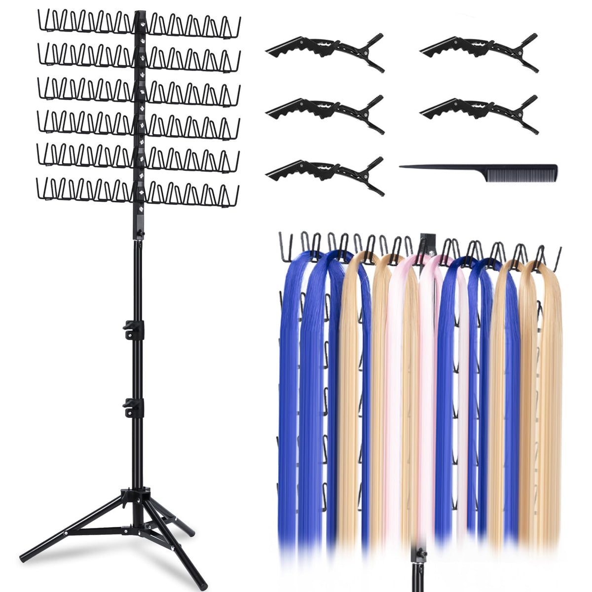 MIVERYEA front view of standing braiding rack showing organized extensions and easy access