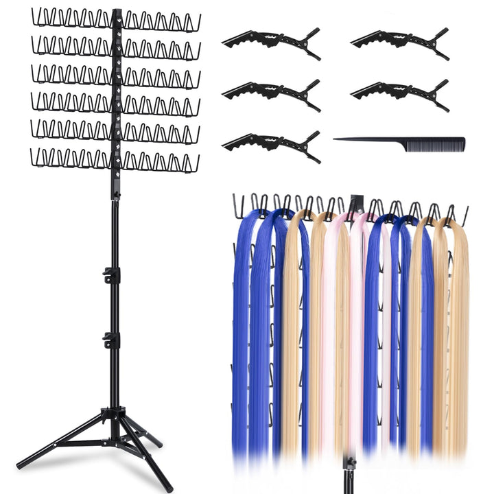 MIVERYEA front view of standing braiding rack showing organized extensions and easy access