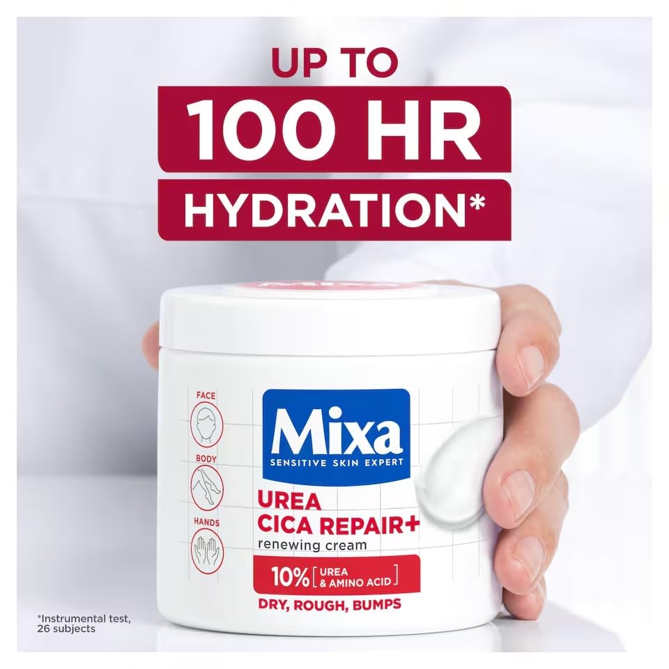 Mixa being applied to elbow to soothe and hydrate very dry skin