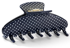 Mixcbe dark-blue polka dot clip front view shows elegant design and secure hold