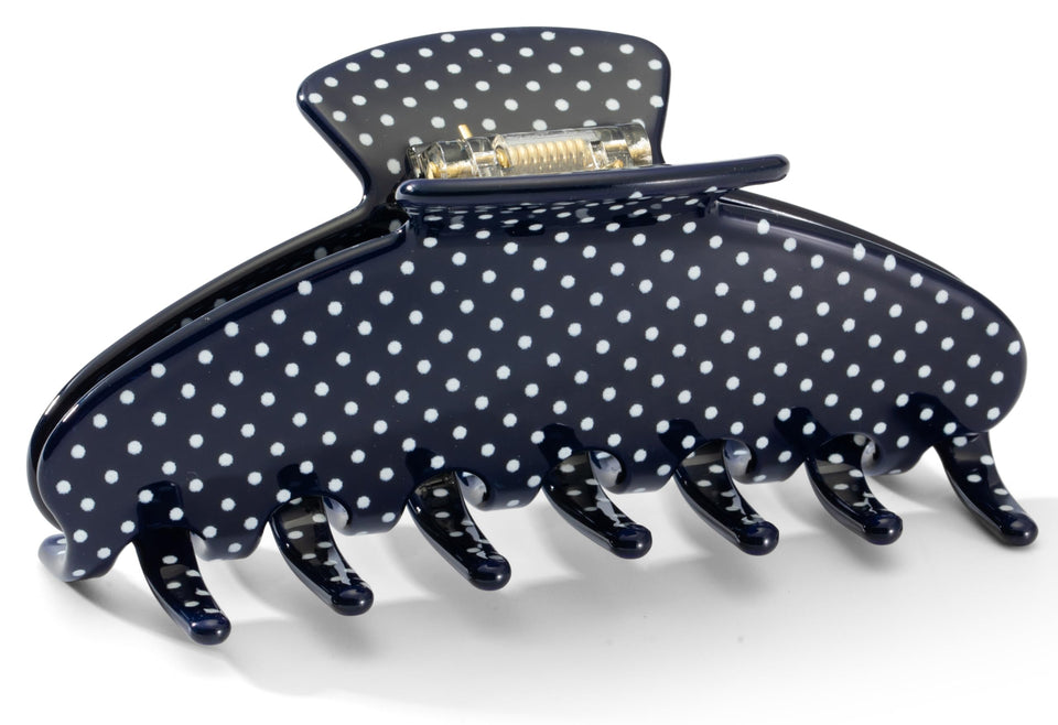 Mixcbe dark-blue polka dot clip front view shows elegant design and secure hold