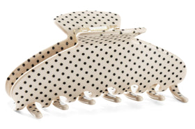 Mixcbe white polka dot claw clip front view showing pattern and shape for polished style