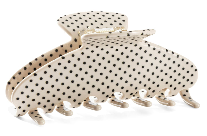 Mixcbe white polka dot claw clip front view showing pattern and shape for polished style