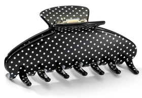 Mixcbe large acetate claw front view showing black polka dot design and strong hold benefit