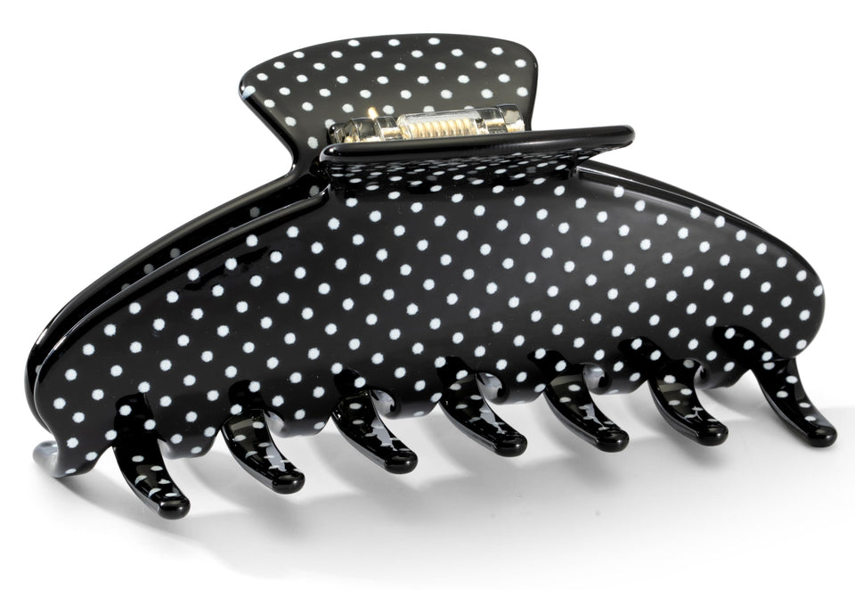 Mixcbe large acetate claw front view showing black polka dot design and strong hold benefit