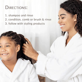 Parent and child in bathroom using Mixed Chicks for smooth, manageable hair care
