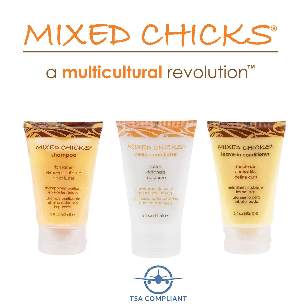 Mixed Chicks trio staged on bathroom shelf for easy on-the-go care