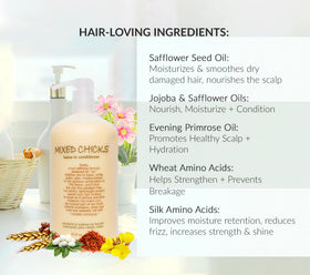 Mixed Chicks on model with defined curls illustrating frizz control benefit